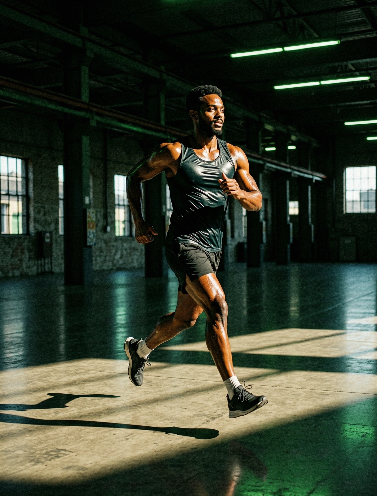 Athlete moving through an industrial space